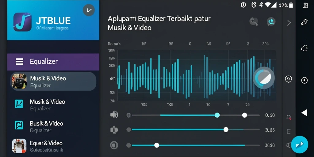 Tampilan antarmuka aplikasi JTBLUE dengan fitur Equalizer dan pengaturan suara.