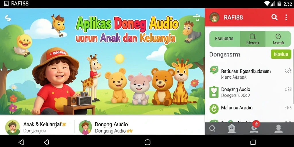 Antarmuka pengguna aplikasi Dongeng Audio yang menarik dan ramah anak.